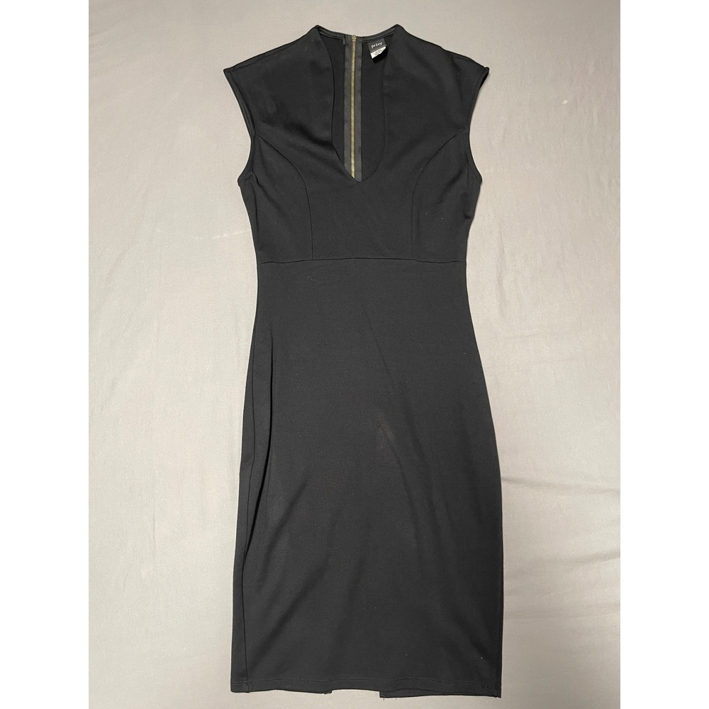 Privy Black Bodycon Midi Dress V-Neck Cap Sleeve Gold Back Zip RD10751 Medium